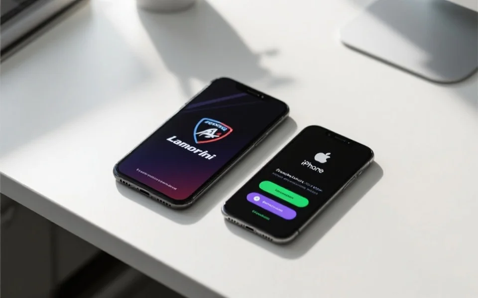 两部智能手机（安卓和iPhone）并排摆放在桌面上，屏幕分别显示兰博电竞App的下载和安装界面，桌面干净、光线充足