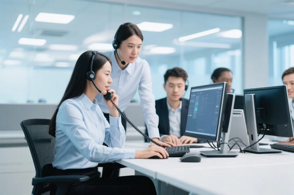 专业客服团队正在通过电脑和电话为用户提供技术支持，背景为现代化办公环境