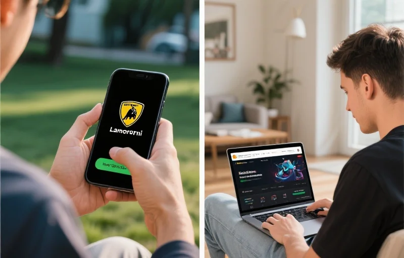 现代电竞玩家在户外用手机浏览兰博电竞App,另一位用户在家中用笔记本电脑访问网页版,突出不同使用场景